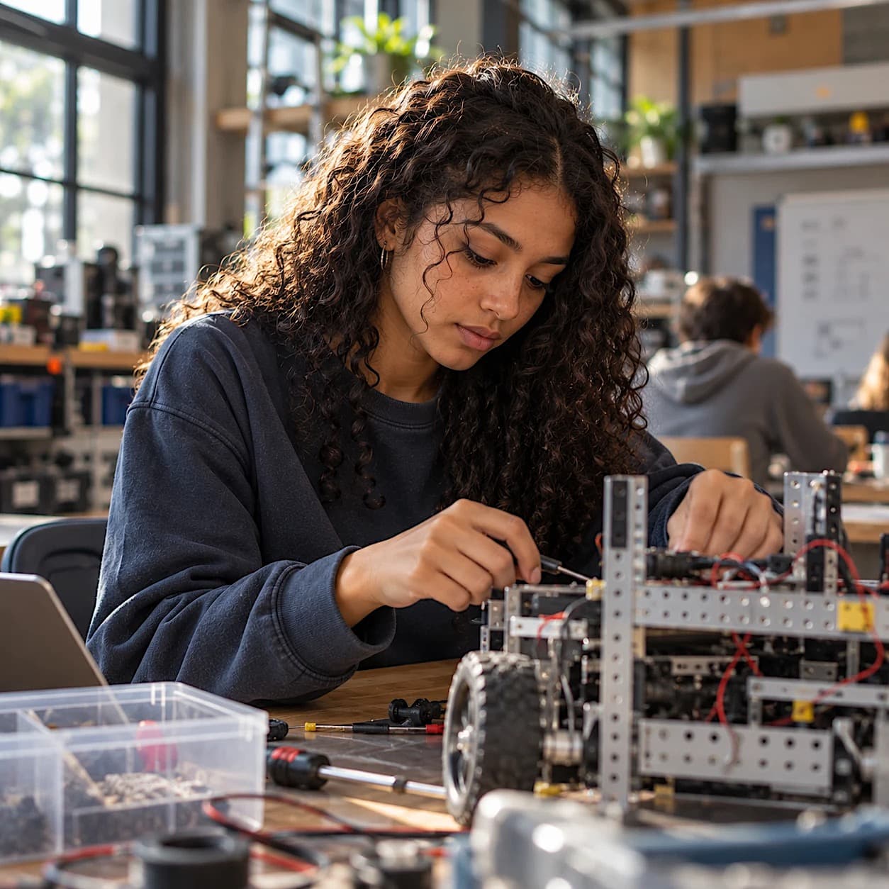 A young woman with long curly hair in a navy sweatshirt concentrates on wiring a small metal robot with a screwdriver at a workbench in a busy robotics lab