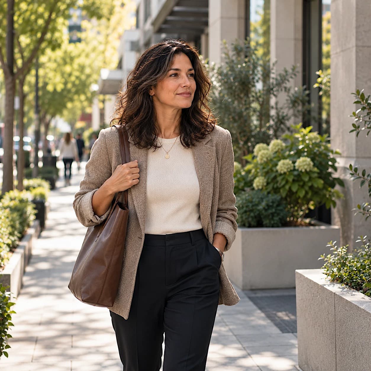 A woman with dark wavy hair in a textured blazer walks down a sunny, tree-lined city sidewalk with a leather tote on her shoulder, smiling softly