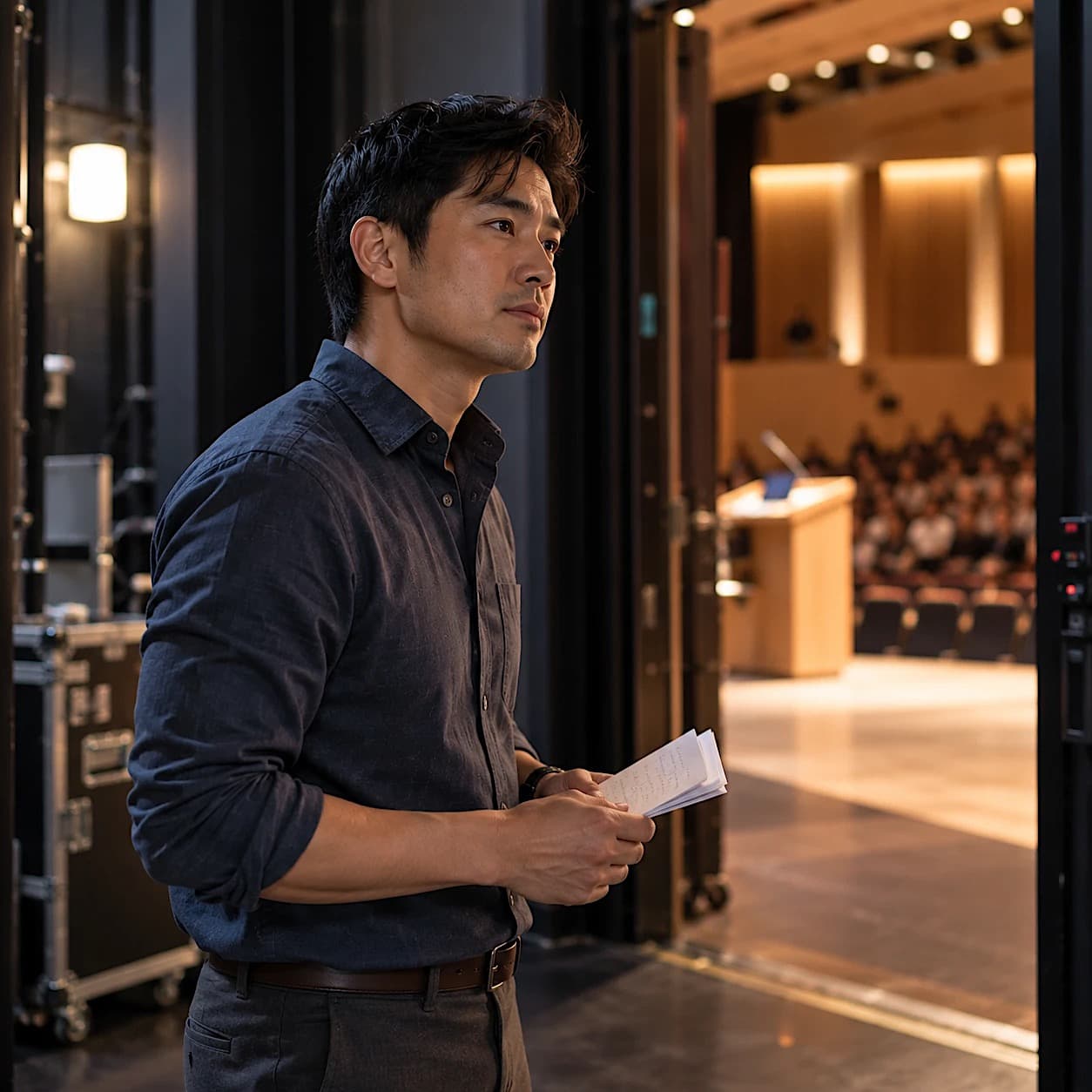 A man in a dark button-up shirt stands backstage holding handwritten notes, looking out toward a lit stage with a podium and a full auditorium