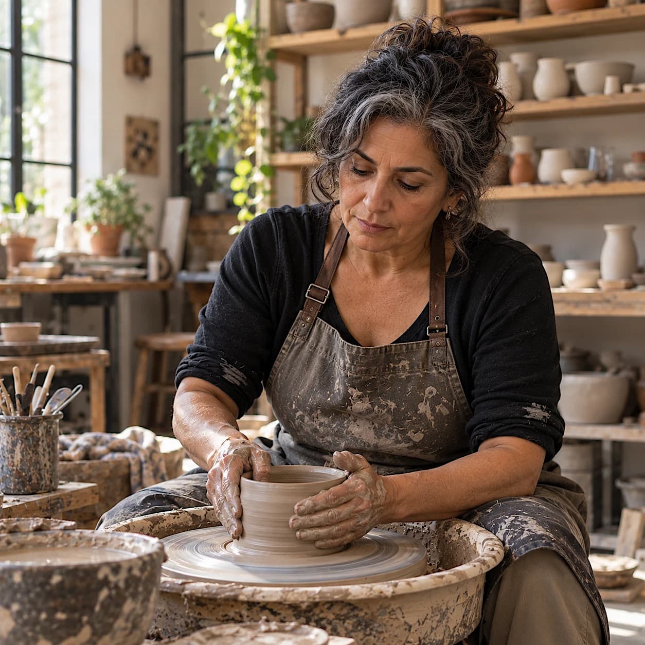 A woman with curly gray-streaked hair and a clay-spattered apron shapes a bowl on a pottery wheel in a sunlit studio, focused on her work