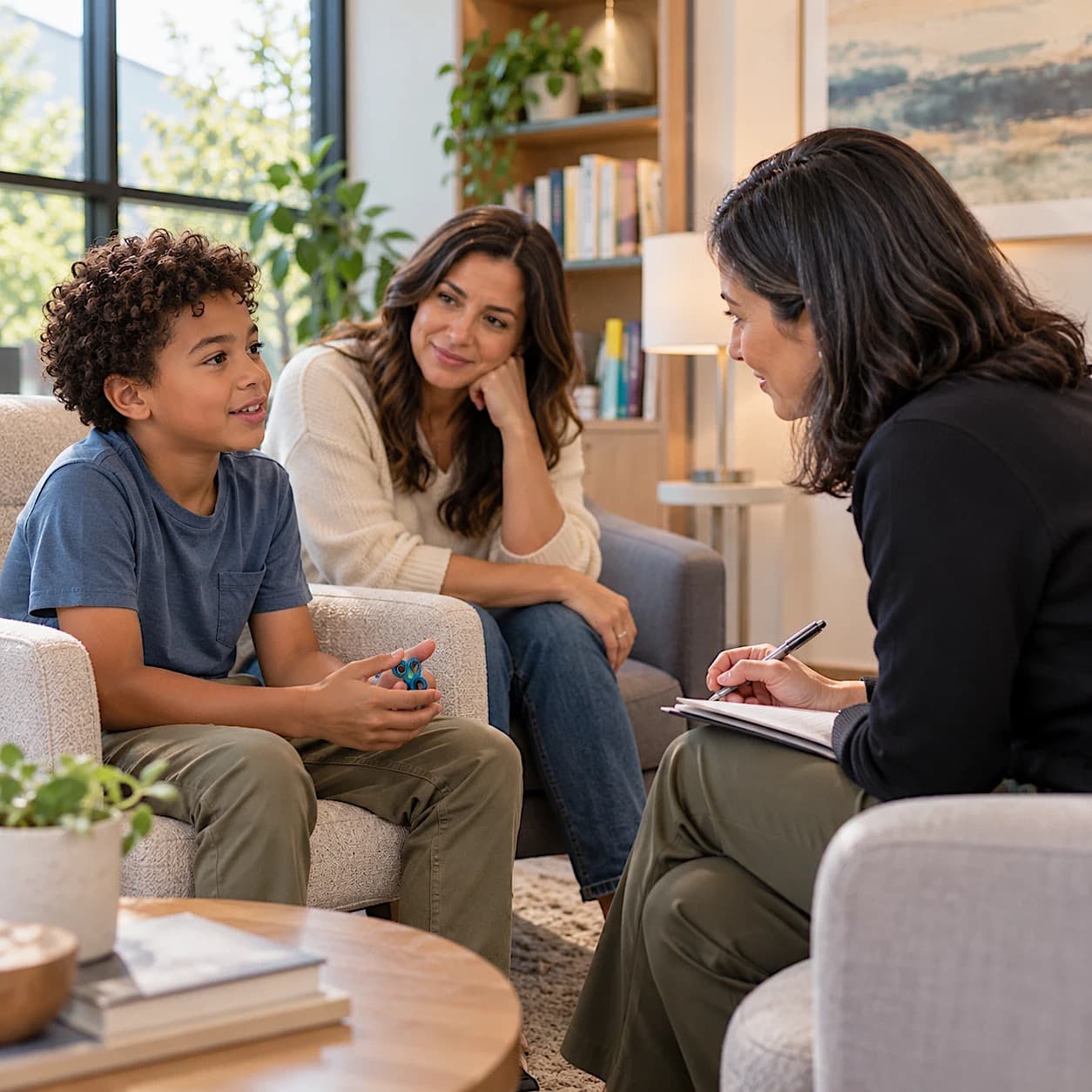 A boy with curly hair holding a fidget toy talks with a provider taking notes, while his mother sits beside him listening with a smile, in a bright, comfortable office