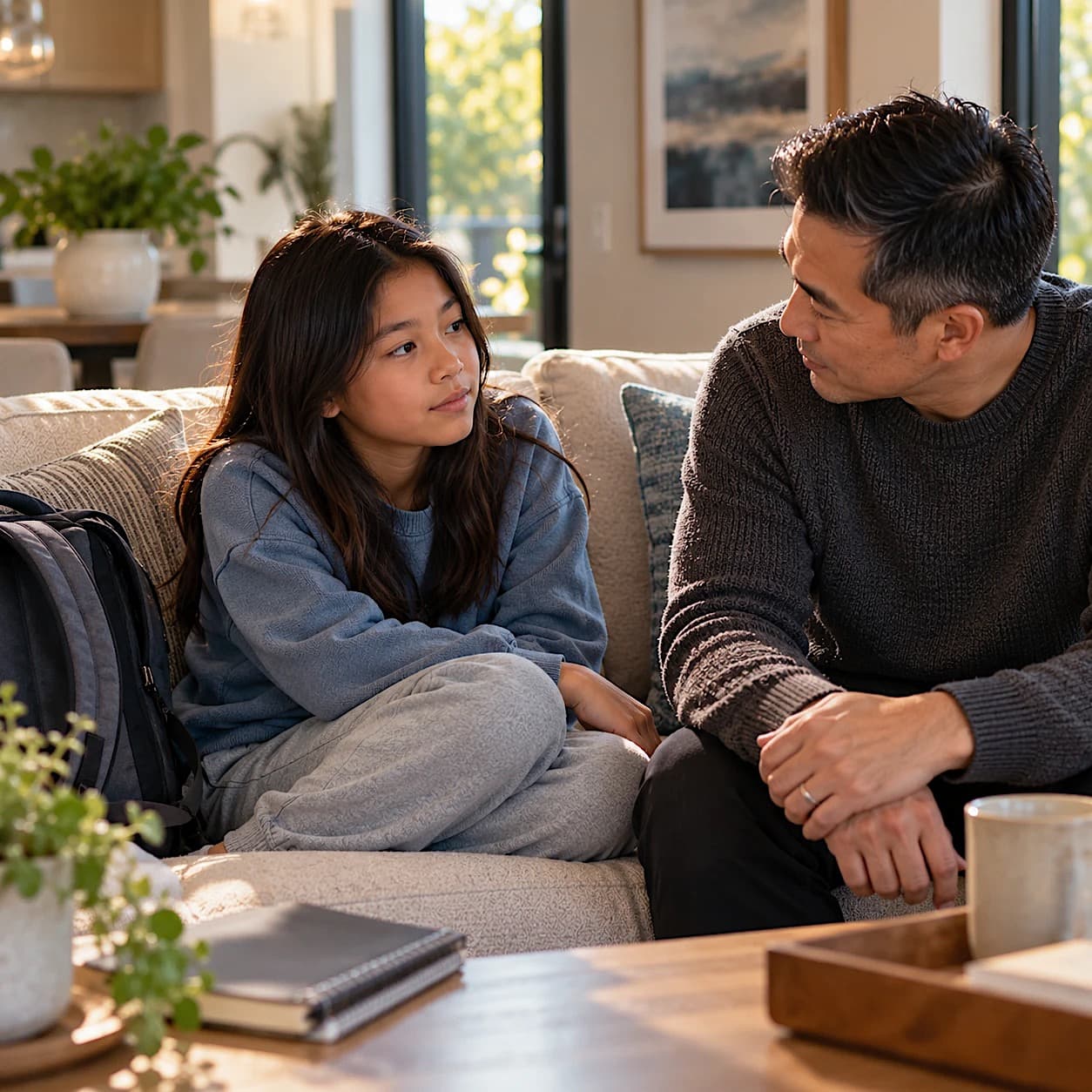 A teenage girl with long dark hair sits curled up on a sofa, listening as her father talks with her gently in a sunlit living room