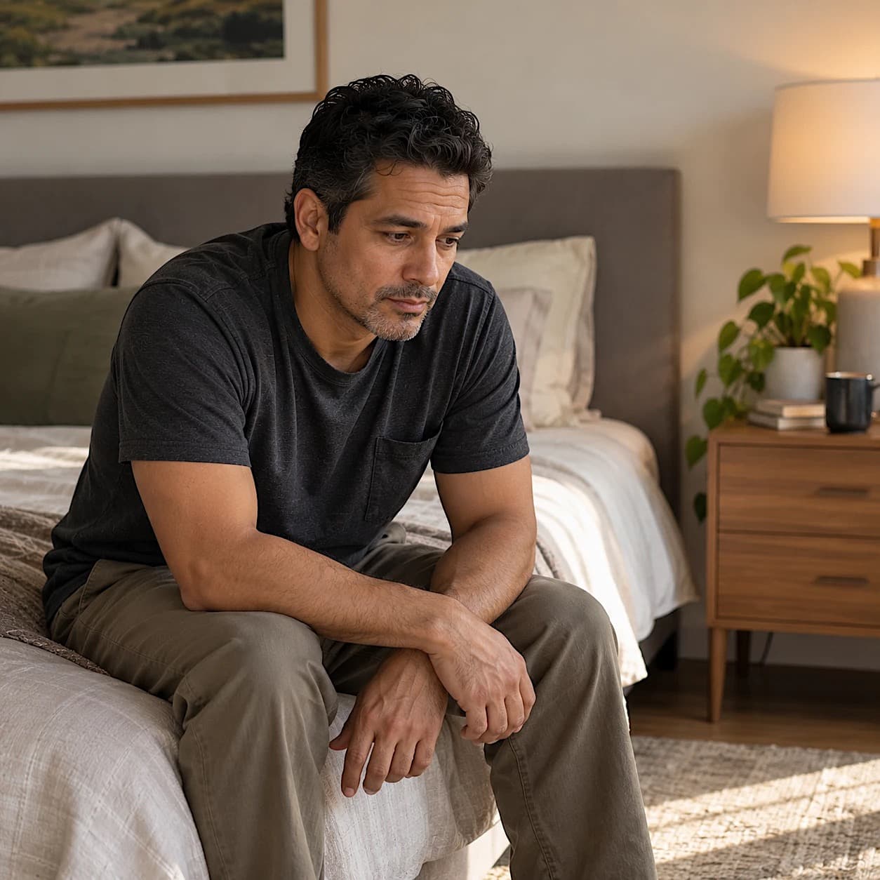 A man with dark curly hair in a charcoal T-shirt sits on the edge of his bed with his forearms on his knees, looking down with a heavy, tired expression