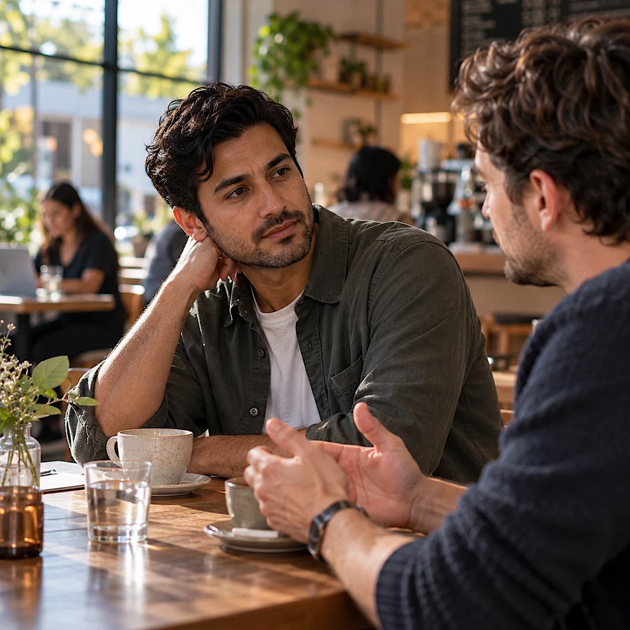 A man with dark wavy hair and a short beard rests his head on his hand at a sunny café table, listening thoughtfully as a friend talks across from him over coffee