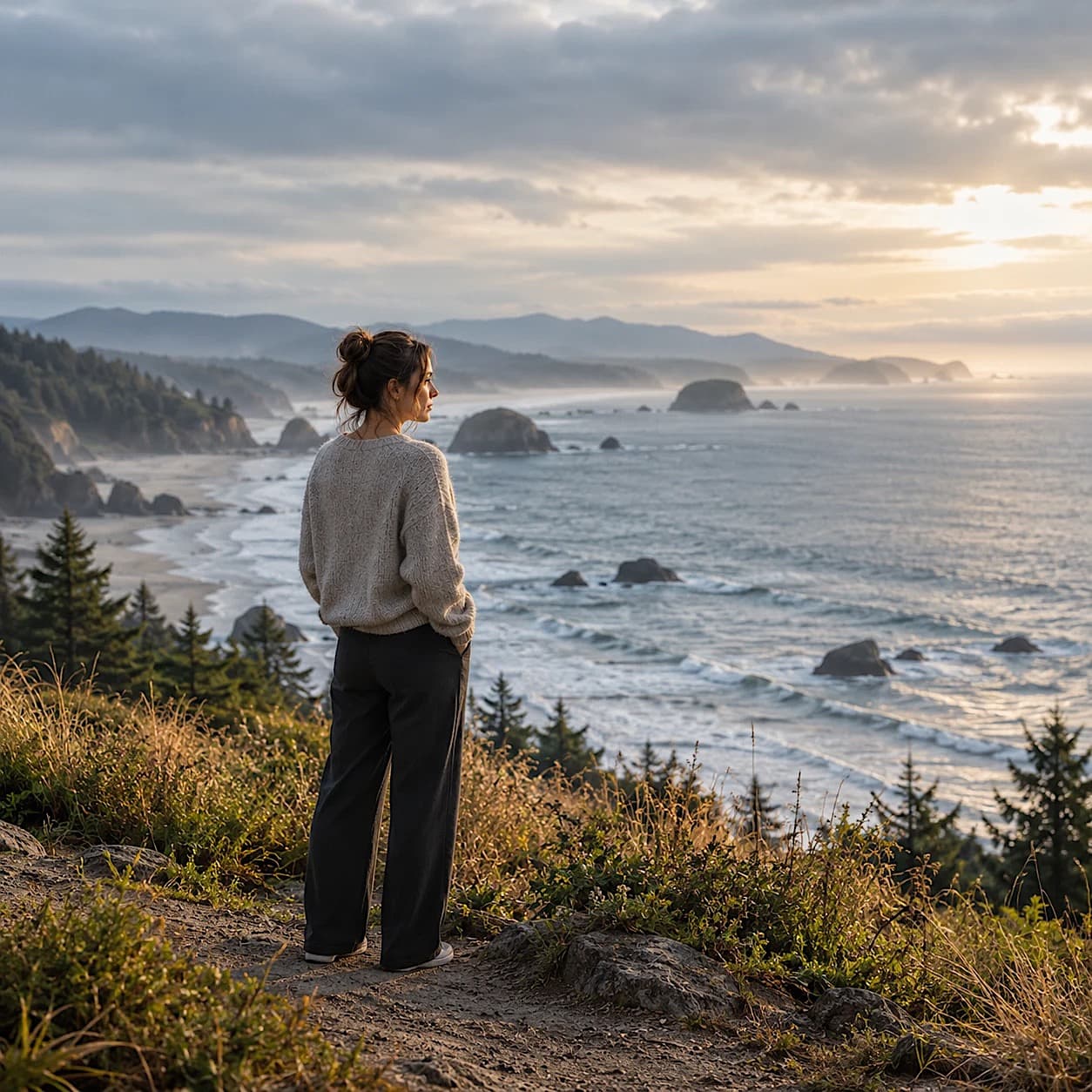 A woman in a loose knit sweater stands on a grassy hilltop trail, looking out over a rocky coastline and the ocean at sunrise