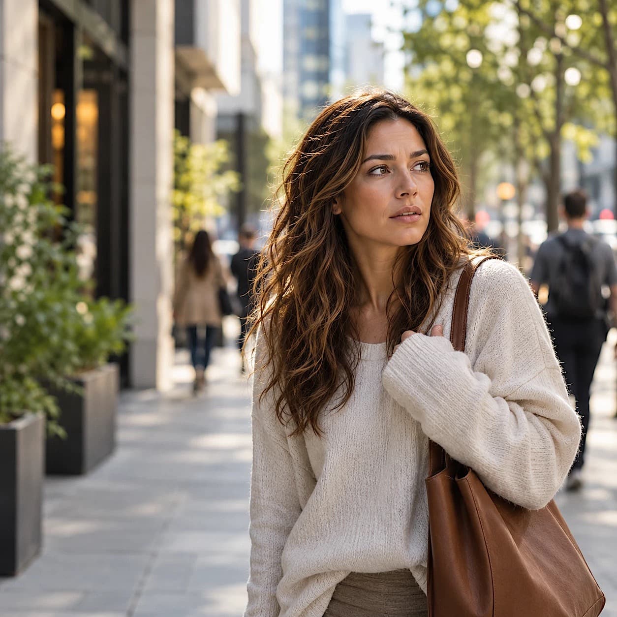 A woman with long wavy hair and a cream sweater on a sunny city sidewalk, holding her bag strap and glancing over her shoulder with a worried look