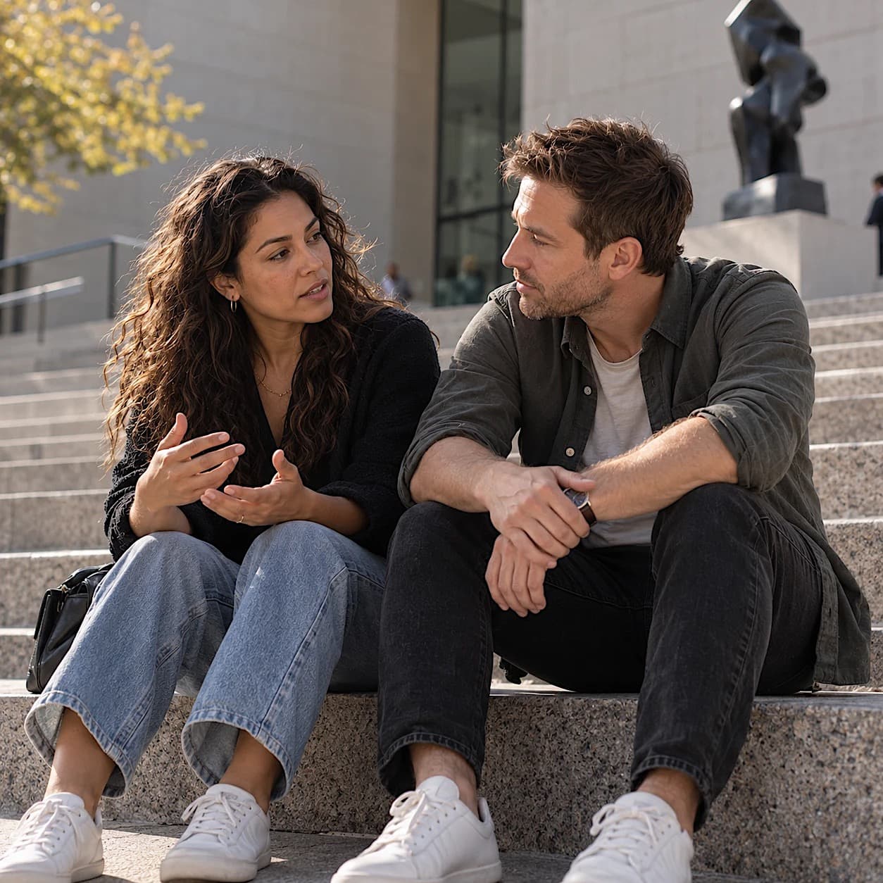 A woman with long curly hair talks with her hands while a man in an olive shirt listens closely as they sit together on stone steps outside a building