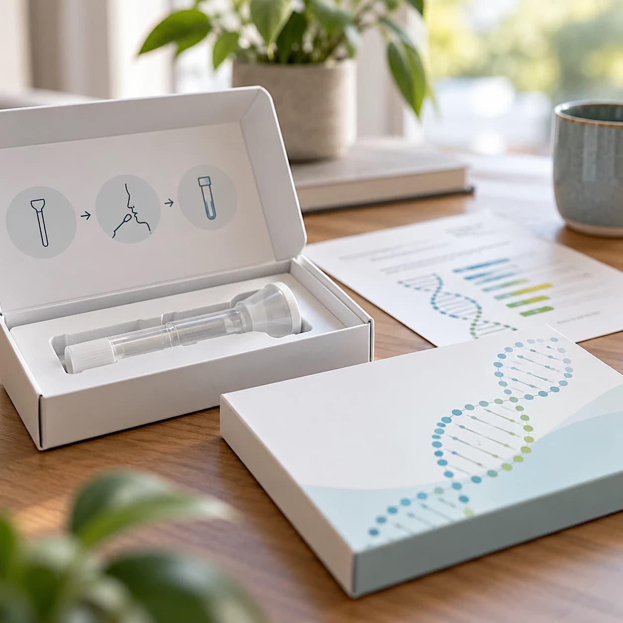 An open cheek-swab test kit with step-by-step pictures inside the lid, next to a box printed with a DNA strand and a sample gene report on a wooden table