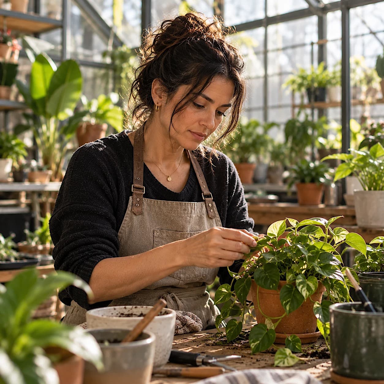 A woman with dark hair pinned up and a canvas apron trims a trailing pothos plant at a potting bench in a sunlit greenhouse, calm and focused