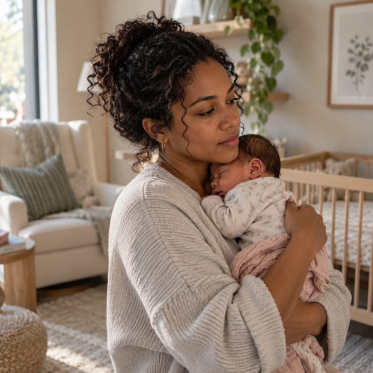 A woman with curly hair pinned up and a soft gray sweater holds her sleeping newborn close to her cheek in a sunlit nursery, looking thoughtful