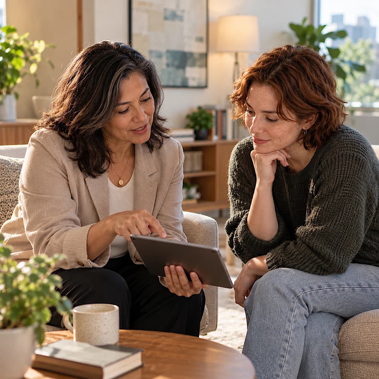 A woman with dark, gray-streaked hair in a linen blazer shows a tablet to a younger woman with short auburn hair, who listens with her chin in her hand in a sunlit office