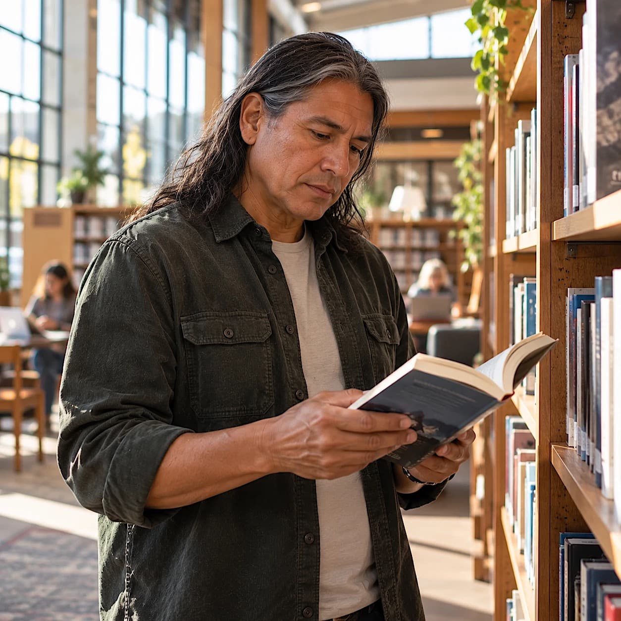 A man with long dark, gray-streaked hair and an olive overshirt reads a book among the shelves of a sunlit library