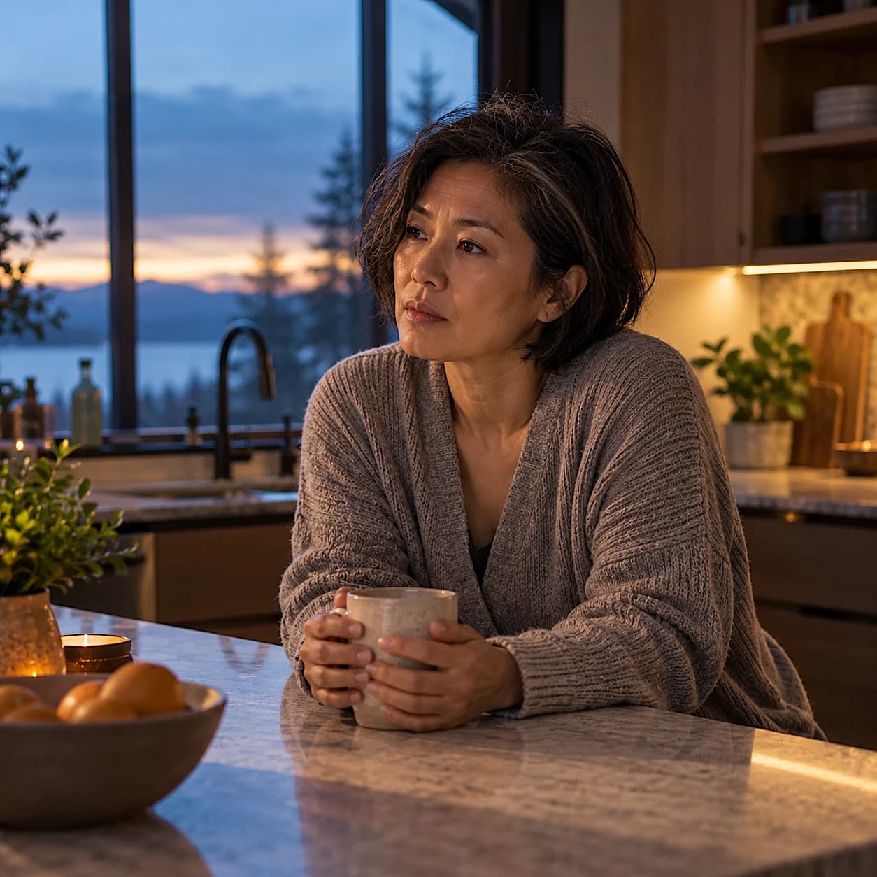 A woman with tousled dark hair and a cozy cardigan sits at a kitchen counter at dawn, holding a mug and gazing out the window, looking tired and thoughtful