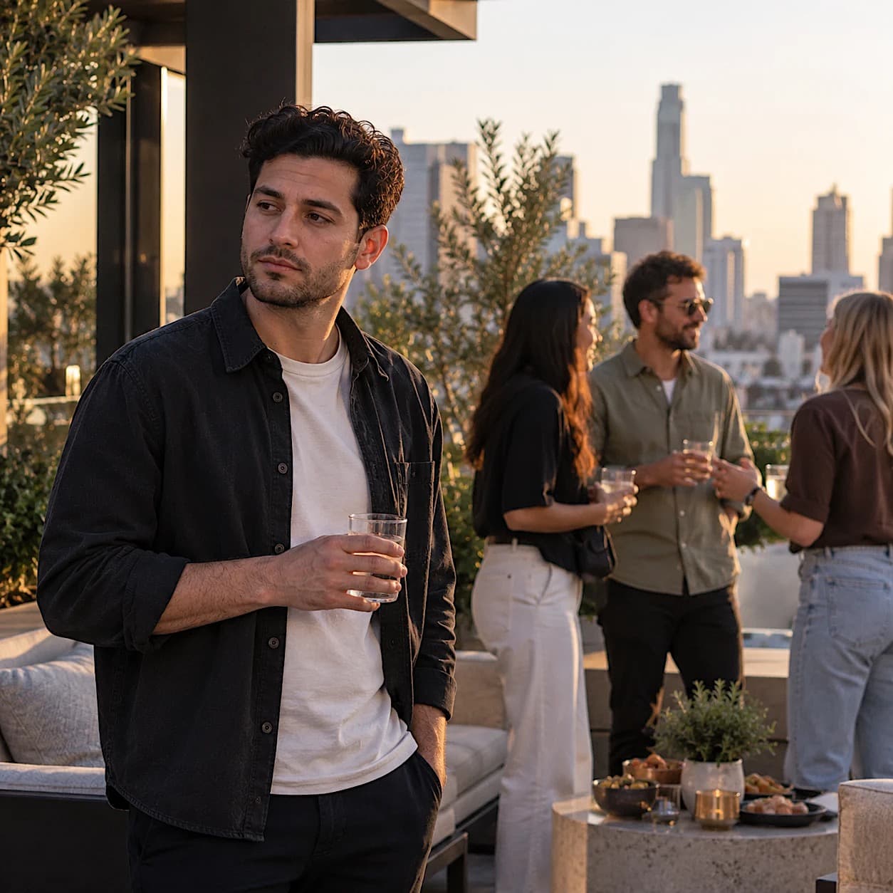 A man with dark curly hair in a black overshirt stands a little apart at a rooftop gathering, holding a drink and looking away while others talk behind him