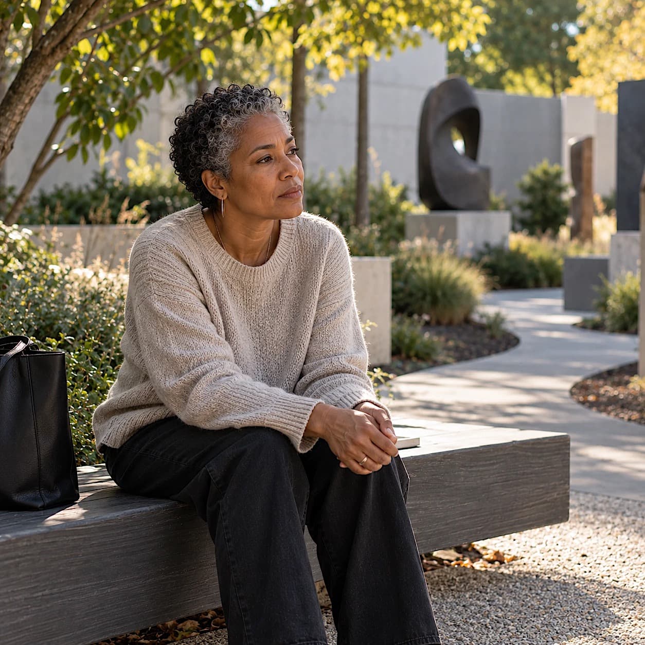A woman with short curly gray hair in a cream sweater sits on a bench in a sunlit sculpture garden, hands clasped, gazing into the distance