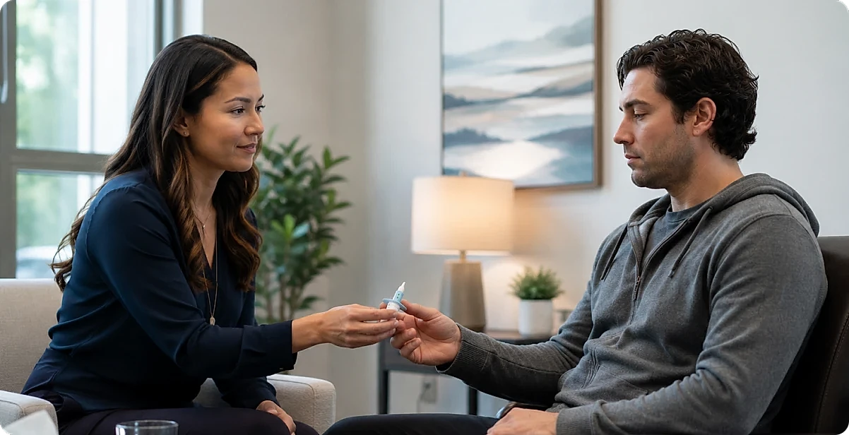 A provider hands a SPRAVATO® nasal spray device to a patient during a consultation