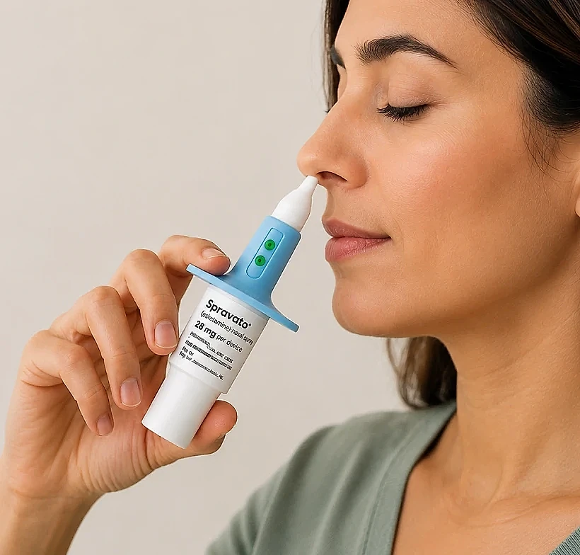 A woman uses a SPRAVATO® nasal spray device