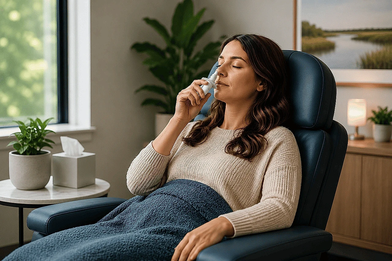 A woman relaxes in a reclining chair under a blanket while using a SPRAVATO® nasal spray device